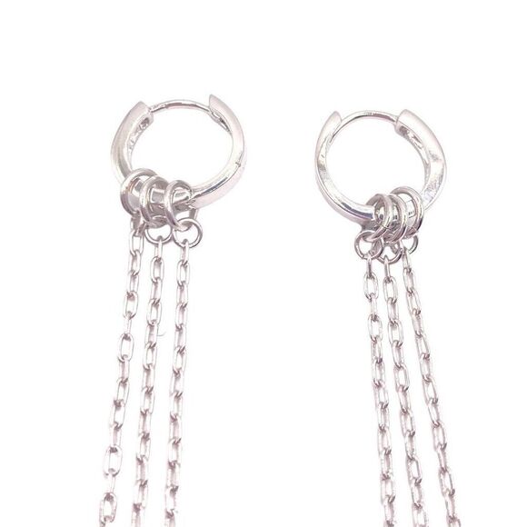 Silver huggy hoop earring with long dangle chains - Picture 3 of 4